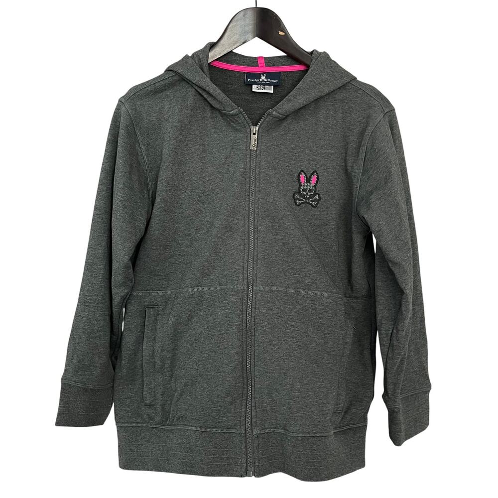 Psycho Bunny Women S Gray Full Zip Hoodie Logo Zip Pockets Cotton Sweatshirt